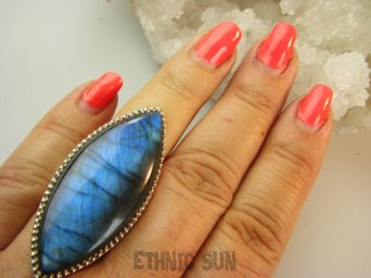 bpe9141 Max blask BOSKA PIĘKNOŚĆ 5,8cm ! OLBRZYM 23G front 5 cm Regulowany Pierścień Pierścionek Labradoryt Spektrolit kamień odwagi r.14, r.15, r.16, r.17 Srebro 925 #