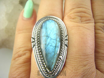 bpe9085 Czarodziejsko Piękny Długi 3.7 cm Orientalny Pierścień Pierścionek Labradoryt Spektrolit - kamień Zorzy Polarnej r.19 Srebro 925 #