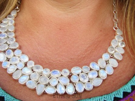 bn1564 ALE CUDO tęczowy KOMPLET aż 73,5 gramów  srebra z kamieniami potrójna kolia + kolczyki szlifowany Kamień Księżycowy  LUX Duży regulowany Naszyjnik 63 sztuki kamieni Srebro 925 #