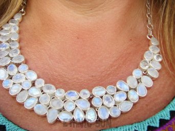 bn1564 ALE CUDO tęczowy KOMPLET aż 73,5 gramów  srebra z kamieniami potrójna kolia + kolczyki szlifowany Kamień Księżycowy  LUX Duży regulowany Naszyjnik 63 sztuki kamieni Srebro 925 #