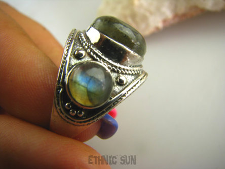 bpe3033 Biżuteria Orientalna !!! Oksydowany Pierścień Obrączka Labradoryt Spektrolit kamień Zorzy Polarnej r.21 Srebro 925 #