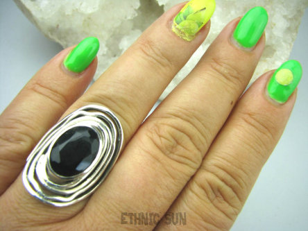 bpee3298 Czarny Onyks w obręczach Pierścień szlifowany Onyks - SERCE, EGZEMY, PAMIĘĆ  r.22 Srebro 925 #