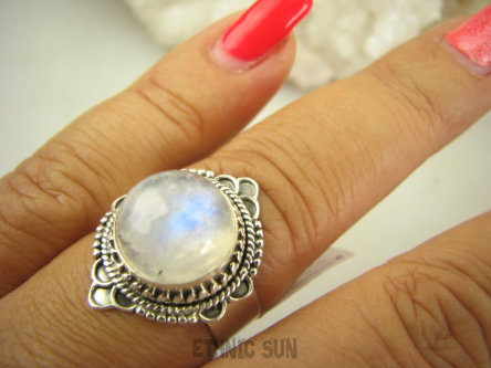 bpe8242 Egzotyczna biżuteria pięknotka  Delikatny Pierścień Błękitno Chabrowy Kamień Księżycowy r.18 Srebro 925 #