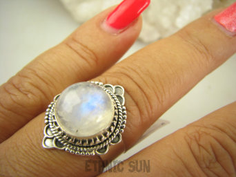 bpe8242 Egzotyczna biżuteria pięknotka  Delikatny Pierścień Błękitno Chabrowy Kamień Księżycowy r.18 Srebro 925 #