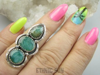 bpee4525 Długi 3.7 cm WSPANIAŁY KUNSZTOWNY Pierścień Pierścionek SZMARAGD INDYJSKI Szmaragdy r.13 SREBRO 925 #