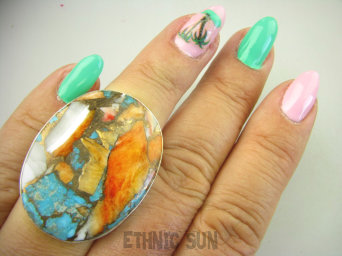 bpe8916 Wielobarwny Duży Pierścień Pierścionek OSTRYGOWY TURKUS MIEDZIANY TOSTRYGA Muszla złota MIEDZ r.15 Srebro 925 #