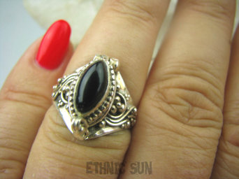 bpe6724 Pięknie Zdobiony Delikatny Sekretnik UNIKAT !!! Otwierany Pierścień Czarny Onyks r.15 Srebro 925