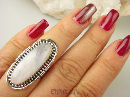 bpe8575 Długi piękny romantyczny Pierścionek Pierścień Kamień Księżycowy  r.15 Srebro 925 #