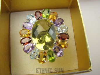bpee4694 Wooow BOSKO PIĘKNY WIELOBARWNY Lux Pierścień Pierścionek naturalny Cytryn Lemon, Ametyst, Granaty, Kwarc, Oliwin, Blue Topaz r.17/ r.18 SREBRO 925 #