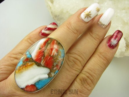 bpe8744 Wielobarwny Gigant 4cm/ 2.6cm Pierścień OSTRYGOWY TURKUS MIEDZIANY TOSTRYGA Muszla złota MIEDZ r.15 Srebro 925 #