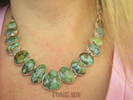 bn1620 Wielobarwna ZIELONO - MIODOWO -TURKUSOWA KOLIA Z CZARNYMI ZYŁKAMI Duża 50G Kolia z Naturalnymi Turkusami - 15 sztuk !!! Naszyjnik Turkus Turkusy Srebro 925 #