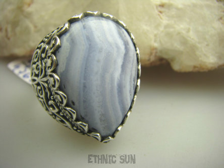 bpe4768 CZARODZIEJSKI Pierścień KORONKOWY AGAT BLUE LACE kamień spokoju i pozytywnego myślenia idealny na  STRES , CHOROBY OCZU , USZU UKOJENIE DUSZY r.20/ r.21 Srebro 925