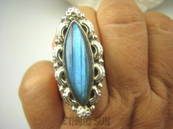 bpe8039 Czarodziejsko Piękny Orientalny Pierścień Niebieski Labradoryt Spektrolit - kamień Zorzy Polarnej r.20 Srebro 925 #