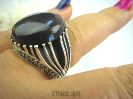 bpe5261 Kolory Ziemi  Duży marokański  Pierścień Brązowy Kojący Jaspis - uspokaja duszę r.22 Maroko Srebro 925 #