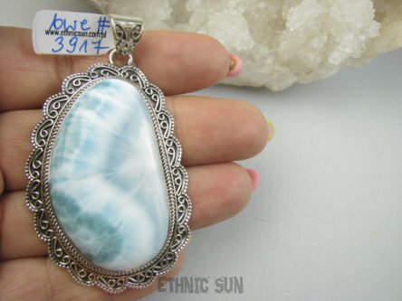 bwe3917 Duży Okaz 32g!! Rzadki Anielski Kamień Larimar CUDO Wisior z Larimarem z oprawą w morskie fale SREBRO 925 #