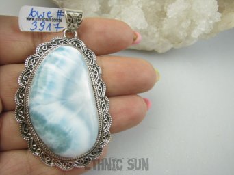 bwe3917 Duży Okaz 32g!! Rzadki Anielski Kamień Larimar CUDO Wisior z Larimarem z oprawą w morskie fale SREBRO 925 #