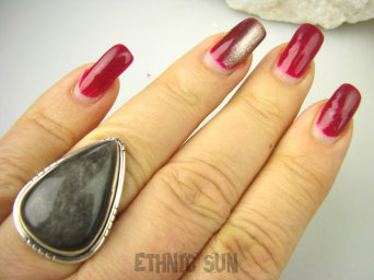 bpe8694 Cudowny Pierścionek Pierścień OBSYDIAN CZARNY - chroni przed zawiścią, „złym spojrzeniem” i przed pechem r.17 Srebro 925 #