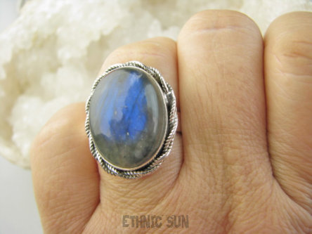 bpe9377 Biżuteria Orientalna CUDONY Pierścień Pierścionek Niebiesko- Granatowy Labradoryt Spektrolit - kamień Zorzy Polarnej r.22 Srebro 925 #
