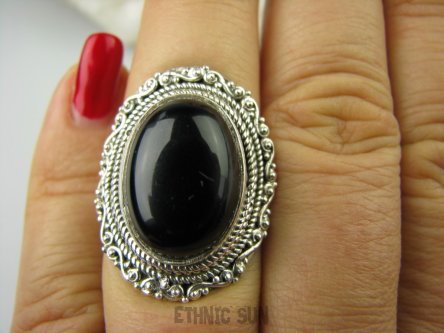 bpe6512 Śliczny Pierścień czarny ONYKS regeneruje SERCE, EGZEMY, PAMIĘĆ r.15/r.16 Srebro 925 #