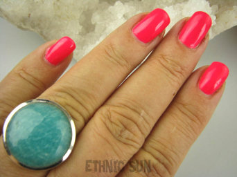 bpe6437 LAZUROWA AMAZONKA !!! CUDOWNY Klasyczny Pierścień Turkusowy Amazonit - Kamień Marzeń i realizacji r.18 lśniące Srebro 925 #