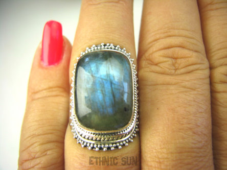 bpe8183 Biżuteria Orientalna !!! Egzotyczny Pierścień Niebieski LABRADORYT Spektrolit - kamień Zorzy Polarnej r.15 SREBRO 925 #