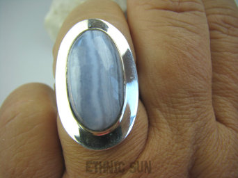 bpe5233 Klasyczny Pierścień KORONKOWY AGAT BLUE LACE kamień spokoju i pozytywnego myślenia idealny na STRES, CHOROBY OCZU, USZU UKOJENIE DUSZY r.18 lśniące Srebro 925 #