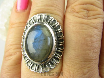 bpe8889 OKSYDOWANY MELONIK !!! Egzotyczny Pierścień Pierścionek Labradoryt Spektrolit - kamień Zorzy Polarnej r.16 Srebro 925 #