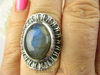 bpe8889 OKSYDOWANY MELONIK !!! Egzotyczny Pierścień Pierścionek Labradoryt Spektrolit - kamień Zorzy Polarnej r.16 Srebro 925 #