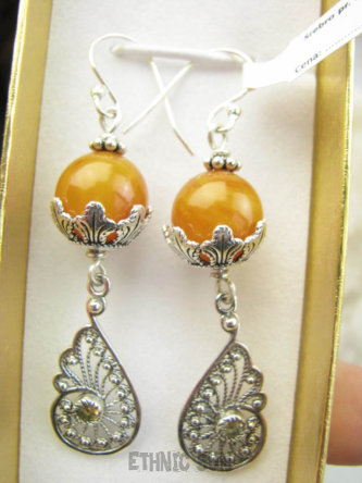 bkee1187 Ależ piękny wzór Długie 6 cm Lekkie 9g! Piękne Ażurowe Kolczyki Bursztyn Cytryn Srebro 925