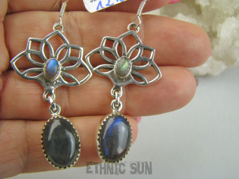 bke1215 Długie 6cm lekkie cudowne ażurowe kolczyki Kwiat Lotosu - talizman wiecznej młodości !!! Tak piękne ! Kolczyki Labradoryt Spektrolit SREBRO 925