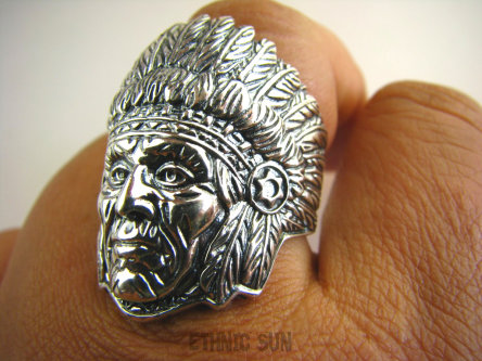 bpe5258 APACZ INDIANIN jak żywy 19 g ! - SYMBOL WIEDZY I MĄDROŚCI !!! Niezwykły DUŻY Pierścień INDIANIN Cały ze Srebra r.15 Srebro 925 #