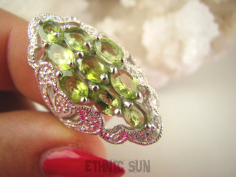 bpee4148 Długi Lśniący Pierścień Pierścionek naturalny Oliwin Perydot oraz Cyrkonie r.17 SREBRO RODOWANE 925 #