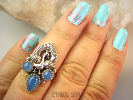 bpe9174 Orientalny Pierścień Pierscionek Królewski Paw oraz Chalcedon - czakra gardła r.15 Srebro 925 #