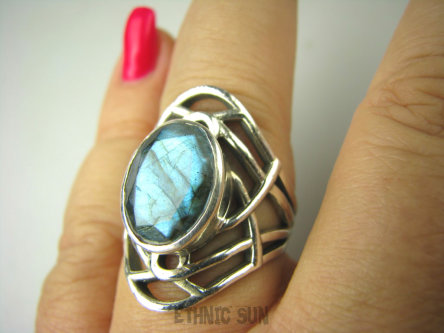 bpee3657 AŻUROWA SIEĆ  Piękny Pierścień szlifowany Niebiesko Zielony Labradoryt Spektrolit - kamień Zorzy Polarnej r.18 lśniące Srebro 925 #