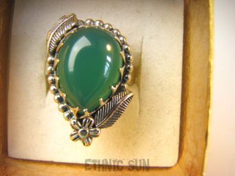 bpe9143 Czarodziejsko Piękny Orientalny Pierścień Pierścionek zielony Onyks r.16 Srebro 925 #