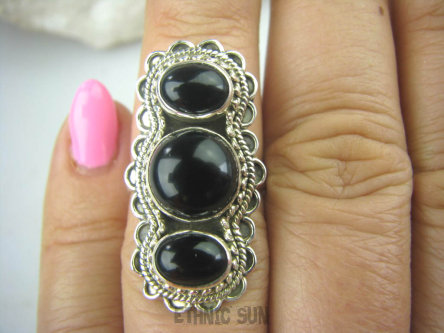 bpe5705 Potrójny ONYKS Długi 3,2 cm Pierścień z Onyksem, Onyks - kamień zadaniowy r.13 SREBRO 925 #