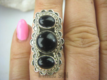 bpe5705 Potrójny ONYKS Długi 3,2 cm Pierścień z Onyksem, Onyks - kamień zadaniowy r.13 SREBRO 925 #