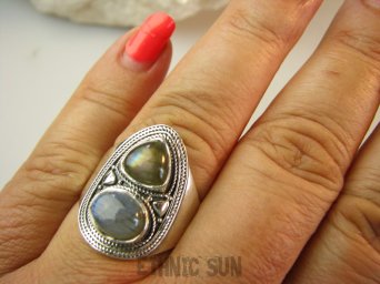 bpe9060 Delikatny OKAZ wielobarwny Pierścień LABRADORYT Spektrolit - kamień Zorzy Polarnej r.19 lśniąca obrączka SREBRO 925 #