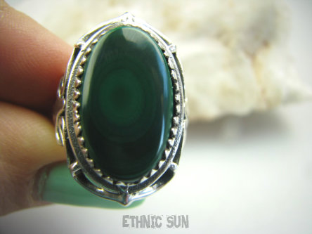 bpe4301 Biżuteria Egzotyczna !!! MALACHIT W ORIENTALNEJ OPRAWIE -  Pierścień MALACHIT - pobudza kreatywność r.17/ r.18 Srebro 925 #