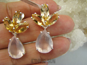 bkee1182 Bosko Piękne Eleganckie Kolczyki z dużymi okazami kamieni na sztyft Cytryny CYTRYN Kwarc Różowy Srebro 925