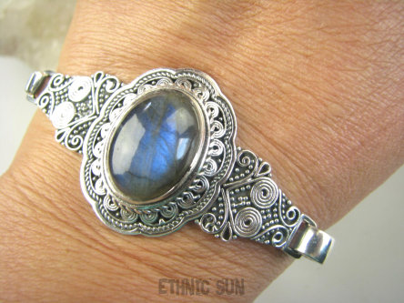 bb3668 Mocno zdobiona Księżna 31 g BRANSOLETA Bransoletka Bangla z możliwością odpinania Labradoryt Spektrolit Srebro 925 #