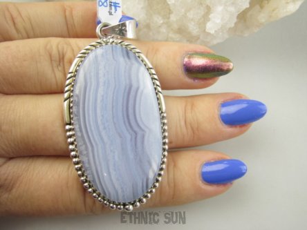 bwe3858 Baśniowo piękny błekitno fioletowy !Wisior KORONKOWY AGAT BLUE LACE  - kamień spokoju i pozytywnego myślenia idealny na STRES, CHOROBY OCZU, USZU UKOJENIE DUSZY Srebro 925 #