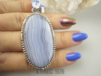 bwe3858 Baśniowo piękny błekitno fioletowy !Wisior KORONKOWY AGAT BLUE LACE  - kamień spokoju i pozytywnego myślenia idealny na STRES, CHOROBY OCZU, USZU UKOJENIE DUSZY Srebro 925 #