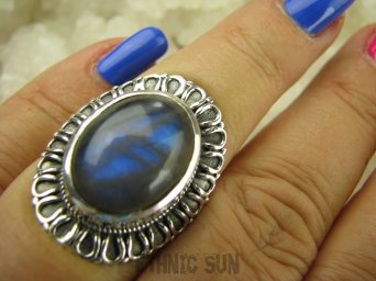 bpe6949 OKSYDOWANY MELONIK !!!  Egzotyczny OKAZ Pierścień Labradoryt Spektrolit - kamień Zorzy Polarnej r.14 Srebro 925 #