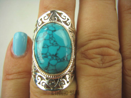 bpe6349 Biżuteria Egzotyczna !!! duzy Ażurowy Pierścień Turkusowy Howlit r.12/ r.13 szeroka obrączka Srebro 925 # MAŁY ROZMIAR