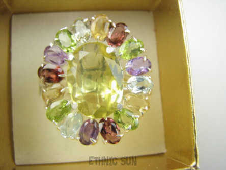 bpee4639 Wooow BOSKO PIĘKNY WIELOBARWNY Lux Pierścień Pierścionek naturalny Cytryn Lemon, Ametyst, Granaty, Oliwin, Blue Topaz r.19 SREBRO 925 #