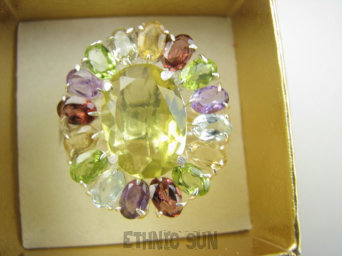 bpee4639 Wooow BOSKO PIĘKNY WIELOBARWNY Lux Pierścień Pierścionek naturalny Cytryn Lemon, Ametyst, Granaty, Oliwin, Blue Topaz r.19 SREBRO 925 #