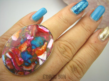 bpe8517 Boski Wielobarwny OKAZ 4 cm / 2.9 cm Pierścień Pierścionek OSTRYGOWY TURKUS MIEDZIANY Mojave OSTRYGA Muszla złota MIEDZ r.18/ r.19 Srebro 925 #