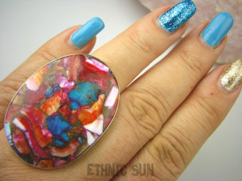 bpe8517 Boski Wielobarwny OKAZ 4 cm / 2.9 cm Pierścień Pierścionek OSTRYGOWY TURKUS MIEDZIANY Mojave OSTRYGA Muszla złota MIEDZ r.18/ r.19 Srebro 925 #