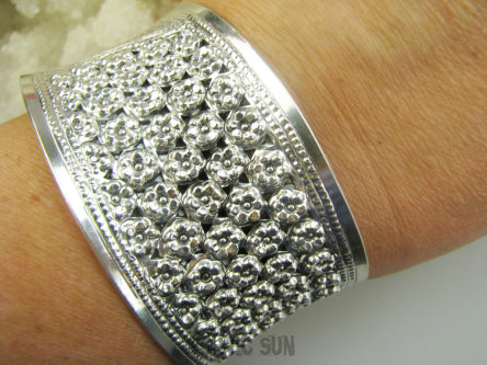 bb3939 CUDO ! SKARB ! Arcydzieło ! SZEROKA 3.8 cm !! 31 g!  Otwarta Ażurowa Bransoleta Bangla Św.Symbol Kwiat  Lotosu Srebro 925 #